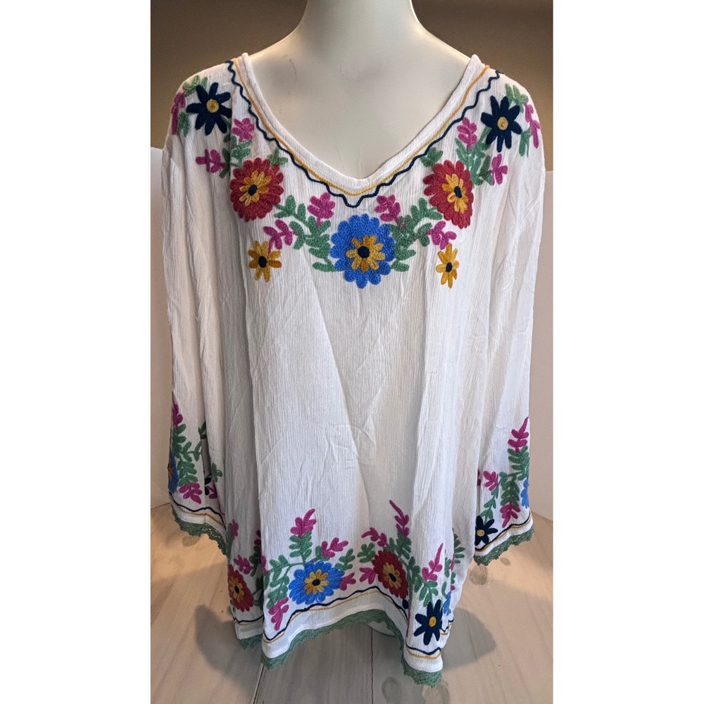 Shoreline Womens 3XL White Floral Embroidered Boho Gauze Peasant Top Crochet